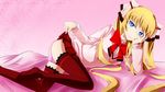  1girl arc_system_works artist_request ass bed blonde_hair blue_eyes bow come_hither hair_bow kuon_gramred_shutleheim light_smile long_hair looking_at_viewer lying naughty_face on_side panties pink_panties red_legwear ribbon school_uniform skirt skirt_lift smile thighhighs twintails underwear upskirt xblaze_code:_embryo 