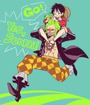  2boys abs bartolomeo belt boots carrying checkered_clothes checkered_pants dressrosa fangs green_hair hat jacket jolly_roger male_focus monkey_d_luffy multiple_boys nose_ring one_piece open_clothes open_jacket open_shirt piggyback running sandals shirt shorts smile stampede_string straw_hat tattoo 