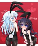  akatsuki_(kantai_collection) animal_ears ass black_hair blue_eyes blue_hair bow bowtie bunny_ears bunny_tail bunnysuit detached_collar hibiki_(kantai_collection) kantai_collection leaning_forward long_hair multiple_girls pantyhose sasamashin tail 