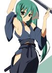  :&lt; armpits arms_up asymmetrical_hair brown_eyes detached_sleeves green_hair katana obi original sarashi sash shin'ya_(nanp) side_cutout side_ponytail solo sword tsurime weapon wide_sleeves 