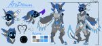  2024 aftdawn andromorph_(lore) anthro avali boop digital_media_(artwork) english_text feathers feet fur hi_res hybrid lilly_mega logo machine male model_sheet multi_ear nose_boop protogen protogen_armor protogen_visor solo tail tattoo text toes widescreen winged_arms wings 