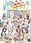  4girls :d ^_^ absurdres bandaid bandaid_on_hand black_eyes black_hair bowl brown_eyes cake closed_eyes commentary_request food gakuen_idolmaster grey_hair hair_bun hair_ornament hairclip hanami_saki highres holding idolmaster kitchen kuramoto_china long_hair multiple_girls parted_bangs pink_sweater_vest red_hair shinosawa_hiro shirt short_hair single_hair_bun smile speech_bubble sweater_vest translation_request tsukimura_temari white_shirt yukie_(kusaka_shi) 