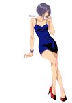  1girl alternate_costume arm_support bare_arms bare_shoulders black_hair bleach blue_dress bracelet breasts cleavage collarbone commentary contemporary crossed_legs dress english_commentary eyelashes fingernails full_body hand_up high_heels highres hip_vent jewelry kuchiki_rukia looking_to_the_side parted_lips profile purple_eyes red_footwear red_lips short_dress short_hair simple_background sitting sleeveless sleeveless_dress small_breasts solo spaghetti_strap straight_hair thighs tsurime twitter_username white_background yshjsw 