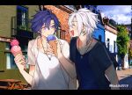  2boys :d absurdres artist_name blue_hair blue_shirt chewing closed_eyes collarbone commentary_request crow_armbrust eiyuu_densetsu food grey_hair highres holding holding_food holding_ice_cream holding_ice_cream_cone ice_cream ice_cream_cone jewelry kishiki0318 letterboxed male_focus multiple_boys necklace outdoors purple_eyes rean_schwarzer sen_no_kiseki shirt short_hair smile twitter_username undershirt white_shirt 