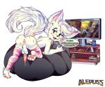  absurd_res alepuss anal anal_juice anthro anus anus_focus aroused ass_up balls big_butt blush bodily_fluids boy_kisser_(meme) butt butt_focus clothing cum dialogue doom_(series) doom_eternal english_text felid femboy feral fluffy fluffy_tail fur gaming genital_fluids genitals hi_res humor id_software legwear male mammal meme microsoft nude open_mouth pawpads penis saggy_balls simple_background smile solo speech_bubble spread_legs spreading stockings tail text thick_thighs white_background white_balls white_body white_fur wide_hips 