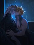  2boys alternate_costume backlighting bare_pectorals belt black_pants blonde_hair cloud_strife commentary couple dark final_fantasy final_fantasy_vii frost9792 green_eyes grey_hair hand_on_another&#039;s_arm high_collar highres imminent_kiss indoors long_bangs long_hair male_focus multiple_boys night open_clothes open_vest pants parted_bangs parted_lips pectorals rain sephiroth shaded_face short_hair sitting slit_pupils spiked_hair symbol-only_commentary turtleneck upper_body vest window yaoi 