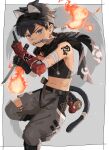  1boy absurdres animal_ears asuka_shirou bandages black_hair cat_boy cat_ears cat_tail commentary_request fire grey_background highres holding holding_weapon male_focus midriff mouth_hold navel original purple_eyes simple_background solo tail teeth weapon 