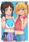  2girls absurdres bikini bikini_under_clothes black_hair blonde_hair denim hai_ookami highres idolmaster idolmaster_cinderella_girls jeans looking_at_viewer multiple_girls navel open_fly open_mouth paid_reward_available pants sakurai_momoka short_hair skirt swimsuit tachibana_arisu 