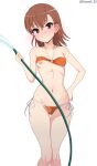  1girl absurdres bikini bikini_top_lift blush breasts brown_eyes brown_hair closed_mouth clothes_lift collarbone commentary_request cowboy_shot hand_on_own_hip highres holding holding_hose hose looking_at_viewer medium_hair misaka_mikoto navel nipples orange_bikini roswell_ss side-tie_bikini_bottom simple_background small_breasts smile solo standing swimsuit toaru_kagaku_no_railgun toaru_majutsu_no_index white_background 