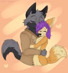  anthro arturo_wolff black_body black_fur blep blush canid canine canis clothed clothing countershading duo embrace eyes_closed fennec_fox fox fur grey_body grey_fur hair half-length_portrait heart_symbol hi_res hug kittykittenz male male/male mammal orange_body orange_fur portrait purple_hair reverse_countershading simple_background smile tail tongue tongue_out true_fox wolf yellow_body yellow_fur 