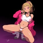  1girl 2024 alternate_eye_color alternate_skin_color batta_16-sei bra breasts brown_hair cameltoe cleavage ear_piercing earrings expressionless gundam gundam_build_fighters gundam_build_fighters_try gyaru highres hoshino_fumina jacket jewelry kneeling large_breasts long_hair looking_at_viewer midriff navel navel_piercing neo_zeon open_clothes open_jacket partially_visible_vulva piercing ponytail pubic_tattoo red_eyes red_jacket shoes signature simple_background solo solo_focus sports_bra spread_legs squatting tan tanlines tattoo thong underwear white_footwear 