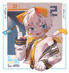  1boy animal_ears blue_eyes cat_boy cat_ears cat_tail cosplay fang furry furry_male highres id_card kagamine_len kagamine_len_(cosplay) long_sleeves looking_at_viewer male_focus necktie open_mouth short_hair solo tail tlffhdldks translation_request undressing upper_body vocaloid 