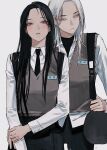  2girls bag black_eyes black_hair black_necktie black_pants black_skirt blush closed_mouth cowboy_shot eriol_s2 grey_background hand_on_another&#039;s_hip highres long_hair looking_at_viewer looking_to_the_side mole mole_under_eye multiple_girls necktie original pants sidelocks simple_background skirt standing translation_request white_eyes white_hair yuri 