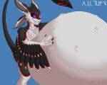 a.u.tumn anthro avali belly big_belly black_body black_feathers black_fur bulge digestion feathers fur hi_res huge_belly male overweight purple_eyes ross_(avali) solo squish tail teeth vore white_body white_fur