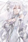  1girl absurdres aurora_(vtuber) bow breasts commentary crescent dragon_girl dress eyelashes gloves grey_dress grey_eyes grey_gloves hair_between_eyes hair_bow highres indie_virtual_youtuber long_hair smile sobasakuhin solo sparkle teeth white_bow white_hair 