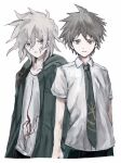  2boys brown_hair collarbone collared_shirt cropped_torso danganronpa_(series) danganronpa_2:_goodbye_despair green_jacket green_necktie grey_background highres hinata_hajime jacket komaeda_nagito male_focus multiple_boys necktie open_clothes open_jacket print_shirt sawaki_(2d1ty) shirt short_hair simple_background 