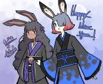  2girls alternate_costume animal_ears assassin_rabbit black_kimono black_sash blue_eyes blue_kimono bow chinese_zodiac closed_mouth commentary copyright_name cowboy_shot english_commentary frilled_skirt frills grey_hair hair_between_eyes hair_over_one_eye happy_new_year highres japanese_clothes kimono long_bangs long_hair looking_at_viewer medium_bangs mino_dev multicolored_hair multiple_girls obi open_mouth purple_bow purple_eyes rabbit_and_steel rabbit_ears rabbit_girl red_hair sash short_hair skirt two-tone_hair two-tone_kimono wide_sleeves wizard_rabbit year_of_the_rabbit 