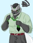  absurd_res annoyed anthro armor belt canid canine canis clothing domestic_dog dress_shirt green_eyes hi_res husky kami_soubi lifewonders live_a_hero male mammal monomasa muscular muscular_anthro muscular_male necktie nordic_sled_dog red_sclera shirt solo spitz supervillain topwear 
