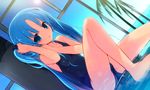  adjusting_hair blue_hair dutch_angle kamiyoshi_rika long_hair one-piece_swimsuit original solo swimsuit water wet wet_hair 