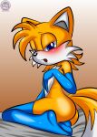  absurd_res anthro armwear bed blue_eyes brush butt canid canine clothing femboy fox fox_tail fur furniture gradient_background half-closed_eyes hi_res legwear looking_at_viewer male mammal miles_prower multicolored_tail narrowed_eyes on_bed open_mouth sega simple_background sirjzau solo sonic_the_hedgehog_(series) sonic_x tail yellow_body yellow_fur 