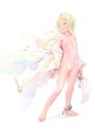  1girl barefoot bigrbear blonde_hair breasts coat cuffs highres key long_hair looking_back naked_coat navel nipples off_shoulder open_clothes open_coat open_mouth original pussy shackles small_breasts solo standing uncensored white_background yellow_eyes 