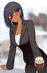  1girl absurdres agame_(agamemega) blue_hair blurry blurry_background blush breasts cleavage coffee_cup commentary_request cup disposable_cup highres jacket light_smile long_sleeves looking_at_viewer multicolored_hair office_lady original short_hair solo streaked_hair suit_jacket yellow_eyes 