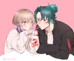  2boys archer_(fate/samurai_remnant) black_jacket crazy_straw cup drink drinking drinking_glass drinking_straw drinking_straw_in_mouth fate/samurai_remnant fate_(series) green_hair grey_hair hair_bun hair_ornament heart_straw highres jacket male_focus multicolored_hair multiple_boys nemu24i one_eye_closed orange_eyes shared_drink shared_straw sharing_food shirt simple_background single_hair_bun streaked_hair sweater tassel tassel_hair_ornament three_quarter_view white_hair white_sweater yaoi yellow_eyes zheng_chenggong_(fate) 