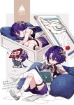  1boy absurdres blue_hair blue_shorts book boots box closed_eyes closed_mouth crossed_legs doll_joints dr._ratio_(honkai:_star_rail) highres honkai:_star_rail honkai_(series) in_box in_container joints laurels lying male_focus multiple_views nerimono_(nekokoban22) on_side parted_bangs pillow reading red_eyes shorts simple_background sleeping translation_request white_background white_footwear 