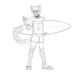  1:1 2022 anthro banoncat banoncat_(character) bell bell_collar claws clothing collar domestic_cat felid feline felis footwear gesture hand_gesture hi_res holding_object holding_surfboard looking_at_viewer male mammal monochrome ok_sign shirt shoes short siamese simple_background slippers solo surfboard surfer t-shirt text text_on_clothing text_on_shirt text_on_topwear topwear 
