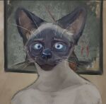  2022 anthro banoncat banoncat_(characterr) blue_eyes domestic_cat eyewear felid feline felis glasses headshot_portrait hi_res looking_at_viewer male mammal painting_(object) portrait shirtless siamese solo two_tone_face whiskers 