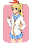  bad_id bad_pixiv_id blonde_hair blue_eyes blush frown hair_ribbon hand_on_hip kaika kirisaki_chitoge long_hair nisekoi ribbon school_uniform solo 