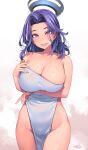  1girl arm_under_breasts breasts cleavage commentary_request covering_privates halo happa_(cloverppd) highres holding holding_towel kantai_collection large_breasts long_hair looking_at_viewer mechanical_halo nude_cover parted_lips purple_eyes purple_hair short_hair signature simple_background smile solo tatsuta_(kancolle) towel 