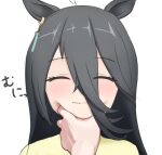  1girl ahoge animal_ears black_hair closed_eyes closed_mouth earrings hair_between_eyes highres horse_ears horse_girl iggy@cafe jewelry light_blush long_hair manhattan_cafe_(umamusume) meme multicolored_hair pov_cheek_grabbing_(meme) shirt simple_background single_earring smile two-tone_hair umamusume white_background white_hair yellow_eyes yellow_shirt 