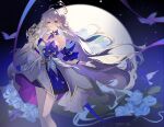  1girl absurdres aqua_eyes bird detached_sleeves dress earrings facial_mark floating_hair full_moon gloves halo head_wings highres holding holding_microphone_stand honkai:_star_rail honkai_(series) hutaoyingying65626 jewelry long_hair microphone_stand moon parted_lips purple_dress purple_hair robin_(honkai:_star_rail) short_sleeves smile solo standing teeth two-tone_dress white_dress white_gloves wings 