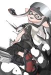  1girl absurdres ballpoint_splatling_(splatoon) black_hair black_pants black_shirt eyewear_on_head gun highres holding holding_gun holding_weapon inkling inkling_girl inkling_player_character lemo_(lemo_4) long_hair open_mouth paint pants pointy_ears shirt simple_background smile solo splatoon_(series) splatoon_3 sunglasses teeth tentacle_hair weapon white_background 