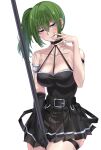  1girl absurdres arm_strap bare_shoulders belt between_breasts between_legs black_belt black_dress black_gloves black_skirt breasts cleavage dress elbow_gloves gloves green_hair hair_between_eyes highres holding holding_polearm holding_weapon large_breasts licking_lips long_hair looking_at_viewer pleated_skirt polearm purple_eyes side_ponytail single_elbow_glove skirt skirt_set smile solo sousou_no_frieren thigh_strap tongue tongue_out ubel_(sousou_no_frieren) uyufuzi_s weapon white_background 