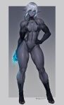  1girl abs arm_at_side ass_visible_through_thighs bare_shoulders black_footwear black_gloves blue_eyes boots border breasts closed_mouth colored_skin contrapposto dark_elf dated_commentary elbow_gloves elf expressionless full_body gem gloves glowing glowing_hand grey_background grey_hair grey_skin groin hair_between_eyes halterneck hand_on_own_hip highres knee_boots long_pointy_ears looking_at_viewer medium_breasts medium_hair muscular muscular_female navel original outside_border pointy_ears purple_gemstone revealing_clothes sideboob solo standing stomach takebouzu toned twitter_username white_border 