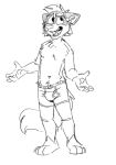 anthro barefoot black_and_white boxer_briefs boxer_briefs_only bulge clothed clothing feet hi_res male mammal monochrome open_mouth procyonid raccoon ringo_raccoon sharp_teeth simple_background smile solo teeth teeth_showing tinydeerguy tongue_showing topless underwear underwear_only white_background