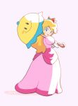  1girl antonin_(antn.mrt) blonde_hair blue_eyes blush_stickers closed_mouth crown dress earrings elbow_gloves english_commentary eyelashes gloves highres holding holding_umbrella jewelry long_hair looking_at_viewer looking_back mario_(series) parasol perry_(mario) pink_dress pink_lips princess_peach single_blush_sticker smile sphere_earrings standing super_princess_peach umbrella white_gloves yellow_umbrella 