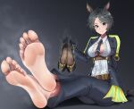  1girl absurdres ahoge animal_ears arm_support barefoot between_breasts black_footwear black_gloves black_hair black_jacket black_necktie black_pants blue_eyes breasts center_frills cleavage collared_shirt commentary_request commission ear_ornament ear_piercing feet foot_focus frilled_shirt frills fuji_kiseki_(umamusume) full_body gloves hair_between_eyes hand_up highres holding holding_shoes horse_ears horse_girl jacket large_breasts long_sleeves looking_at_viewer multicolored_hair necktie necktie_between_breasts open_clothes open_jacket pants piercing pixiv_commission shadow shirt shoes short_hair sidelocks sitting smile soles solo speech_bubble toes tsa umamusume underbust unworn_shoes white_hair white_shirt 