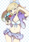  b.c bikini blonde_hair jacket long_hair one_eye_closed original ponytail purple_eyes sarong smile solo swimsuit v water_gun 