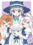  3girls :3 absurdres animal_ears arm_hug bare_shoulders blue_bow blue_bowtie blue_hair blue_hat blue_sleeves blush bow bowtie brown_hair closed_eyes collar dhole_(kemono_friends) dog_ears dog_girl dress fang frilled_collar frilled_sleeves frills grey_hair hat height_difference highres kanmoku-san kemono_friends komodo_dragon_(kemono_friends) long_hair long_sleeves multicolored_hair multiple_girls official_alternate_costume open_mouth puffy_short_sleeves puffy_sleeves rabbit_ears rabbit_girl reptile_girl scales shirt short_hair short_sleeves sleeveless smile snowshoe_hare_(kemono_friends) sun_hat tearing_up white_bow white_bowtie white_dress white_hair white_shirt yellow_eyes 