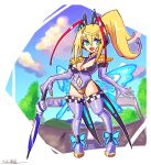  1girl antenna_hair azure_striker_gunvolt blonde_hair blue_eyes boots breasts butterfly_hair_ornament butterfly_wings cleavage clothing_cutout cloud elbow_gloves energy_wings full_body gloves green_eyes hair_ornament high_ponytail highres holding holding_umbrella insect_wings leotard long_hair lumen_(gunvolt) medium_breasts multicolored_hair navel_cutout oomasa_teikoku pink_hair race_queen road smile solo strapless strapless_leotard street thigh_boots tree two-tone_hair umbrella white_footwear white_gloves white_leotard wings 