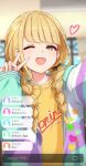  1girl blonde_hair braid commentary_request fang fujita_kotone gakuen_idolmaster highres idolmaster jacket multicolored_clothes multicolored_jacket nakata_(nkt_vvd) one_eye_closed open_clothes open_jacket open_mouth selfie smile solo translation_request twin_braids v yellow_eyes 