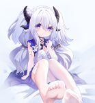  1girl azur_promilia bandaged_leg bandages barefoot black_horns character_request hair_between_eyes highres horns long_hair looking_at_viewer panties parted_lips petite purple_eyes simple_background single_thighhigh sitting solo thighhighs toes tongxiao_jiudao two_side_up underwear very_long_hair white_background white_hair white_panties white_thighhighs 