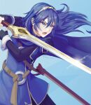  1girl blue_background blue_cape blue_eyes blue_gloves blue_hair brand_of_the_exalt cape falchion_(fire_emblem) fingerless_gloves fire_emblem fire_emblem_awakening gloves hair_between_eyes highres holding holding_sword holding_weapon kyashii_(cathyyy_illust) long_hair long_sleeves lucina_(fire_emblem) open_mouth sheath solo sword symbol_in_eye teeth tiara twitter_username weapon 