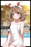  1girl absurdres bath bathing blue_eyes blush breasts brown_hair hairband highres large_breasts looking_at_viewer may_(pokemon) naked_towel onsen open_mouth pokemon pokemon_oras shabana_may shared_bathing sitting steam towel water wet 