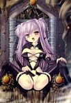  blush boots brandish_(h_manga) breasts covered_nipples fingernails hair_intakes highres large_breasts lavender_hair looking_at_viewer multicolored multicolored_eyes nail_polish o-ring open_mouth purple_eyes rusty_soul sharp_fingernails skull solo spread_legs thigh_boots thighhighs throne tongue tongue_out twiska two_side_up wedgie yellow_eyes 