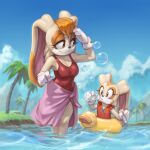  2girls alternate_costume animal_ears blowing_bubbles blue_sky breasts brown_eyes brown_fur brown_hair bubble cloud cream_the_rabbit day duck_innertube furry furry_female gloves grass highres kujalla large_breasts looking_at_another mother_and_daughter multiple_girls one-piece_swimsuit orange_one-piece_swimsuit outdoors palm_tree pink_sarong rabbit_ears red_one-piece_swimsuit sky sonic_(series) swimsuit tree two-tone_fur vanilla_the_rabbit wading water white_gloves yellow_innertube 