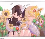  2boys basil_(faraway)_(omori) basil_(omori) black_hair black_sweater_vest blonde_hair blush cactus cat flower hair_flower hair_ornament knees_up long_sleeves multiple_boys omori parted_lips plant potted_plant rabbit short_hair sitting smile sunflower sunny_(omori) sweater_vest ttyyuwwuw 